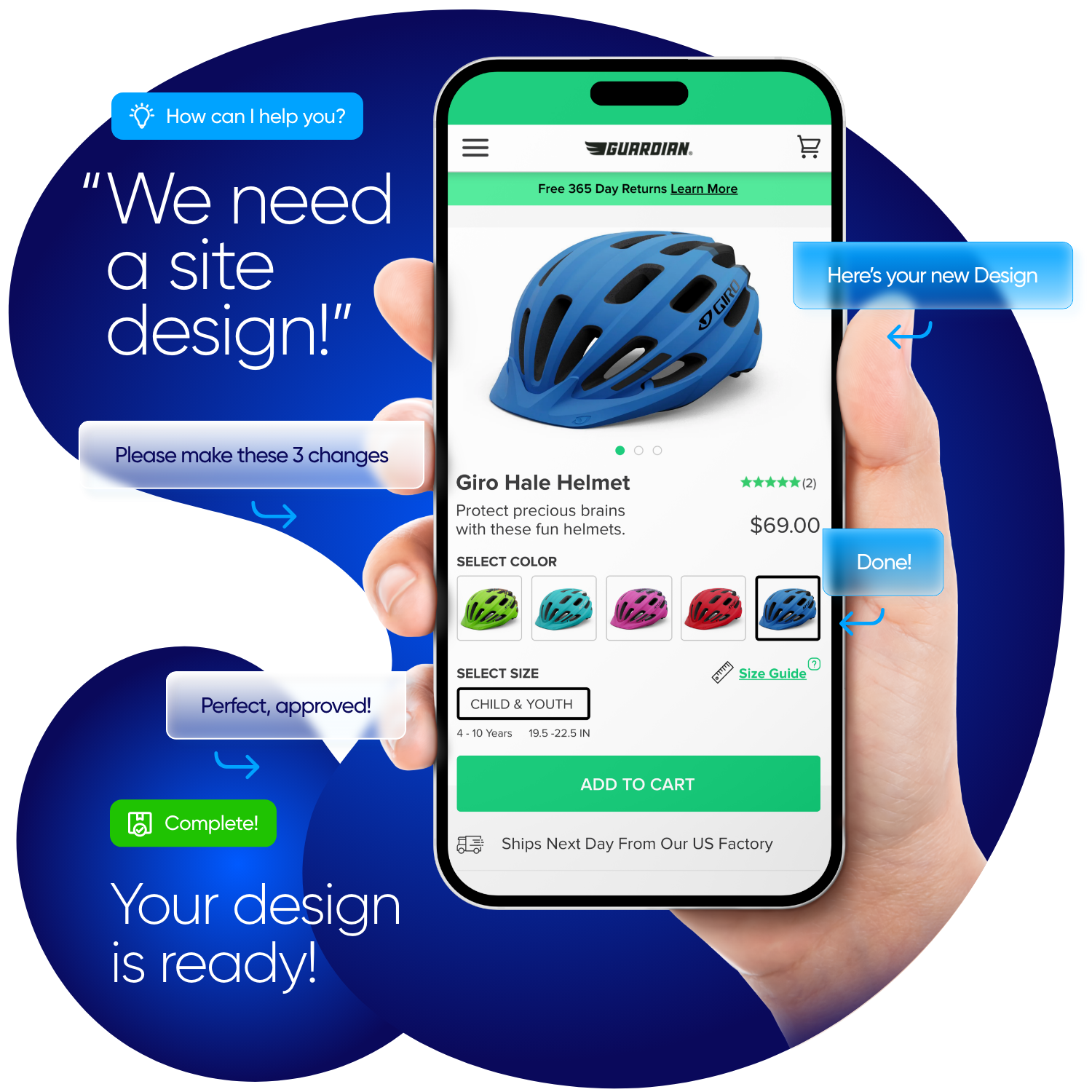 Holding Website Design on iPhone with instructions on how t make the design