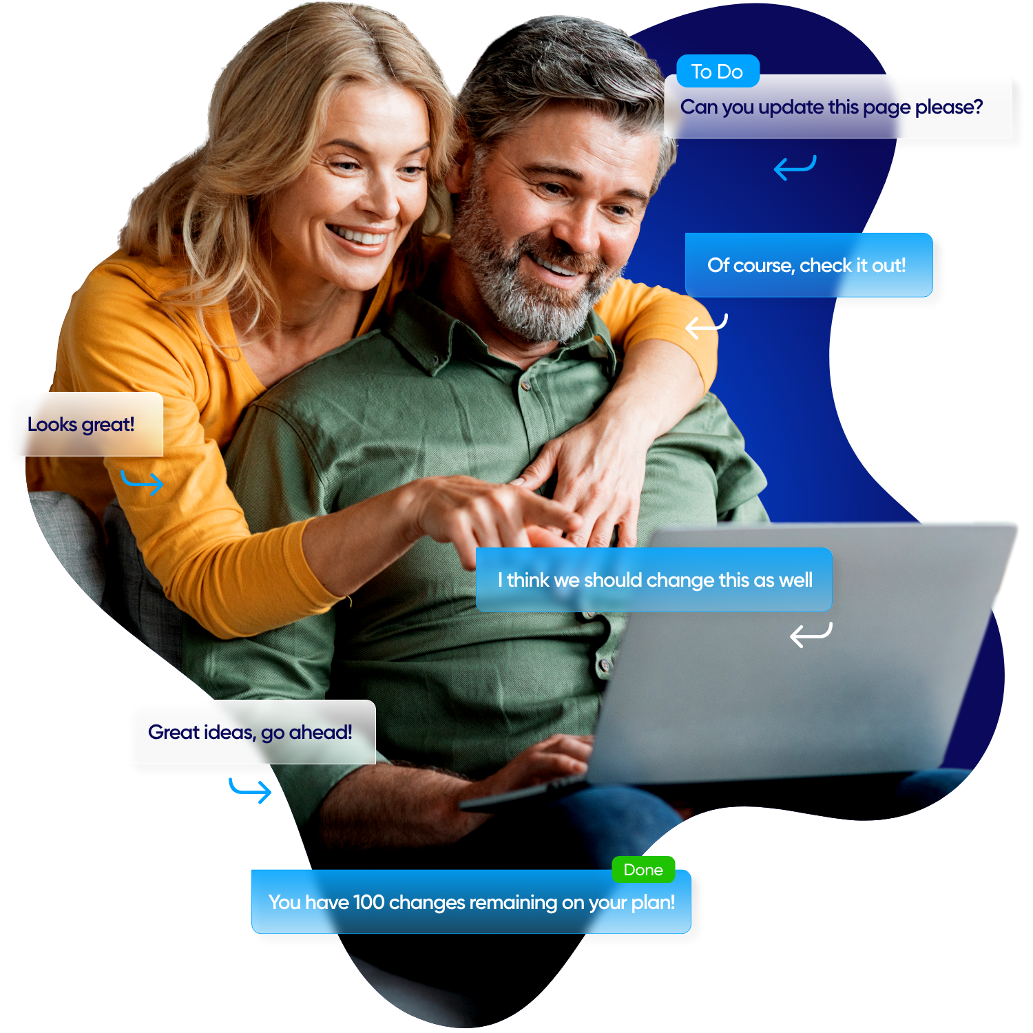 A woman and man entrepreneurs looking at their computer getting website maintenance tasks completed